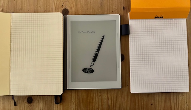 The Supernote, a Moleskine Notebook and a Rhodia notepad.