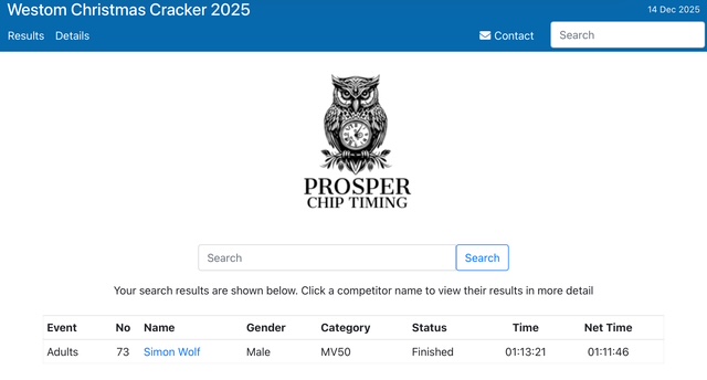 A screenshot of the race results showing my time of 1 hour 11 minutes and 46 seconds