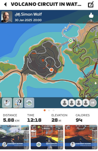 A screenshot showing my first Zwift activity which was a lap of Volcano Circuit