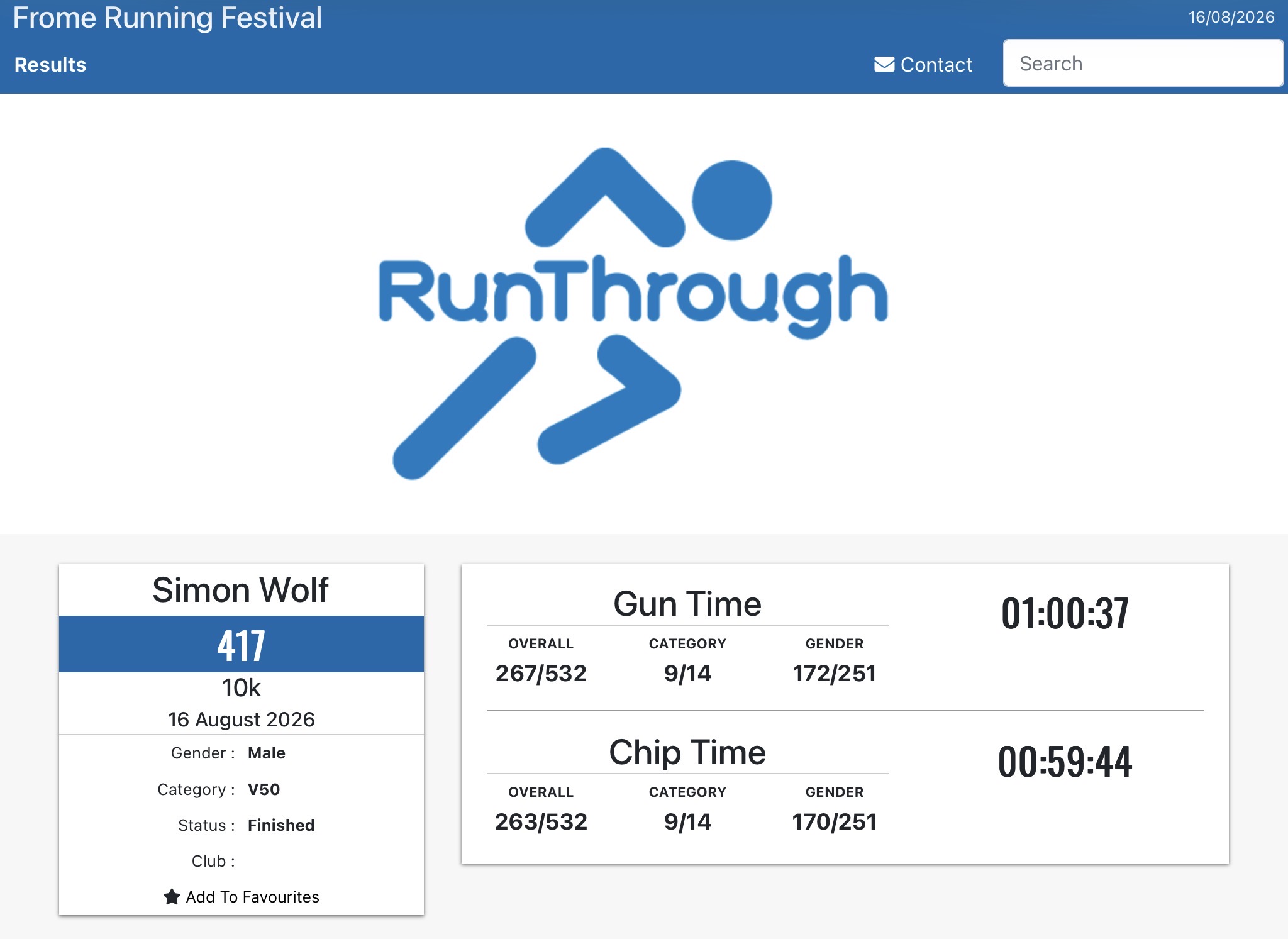 A screenshot of my 10k race time which was 59 minutes and 44 seconds